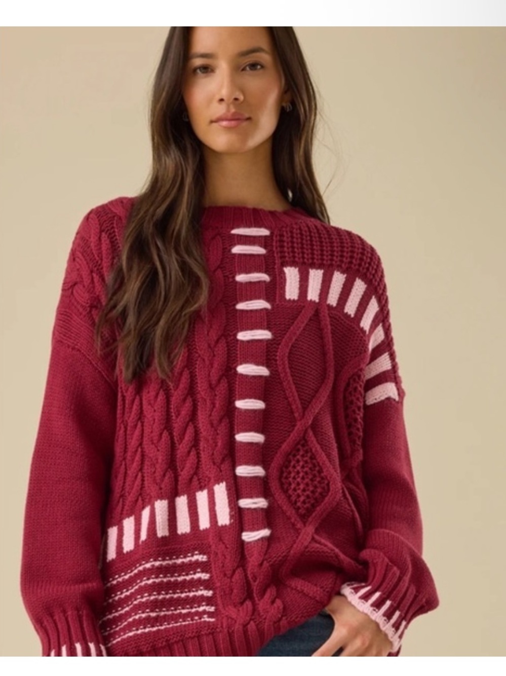 Altar'd State Maroon Sweater with Pink Contrast Accents